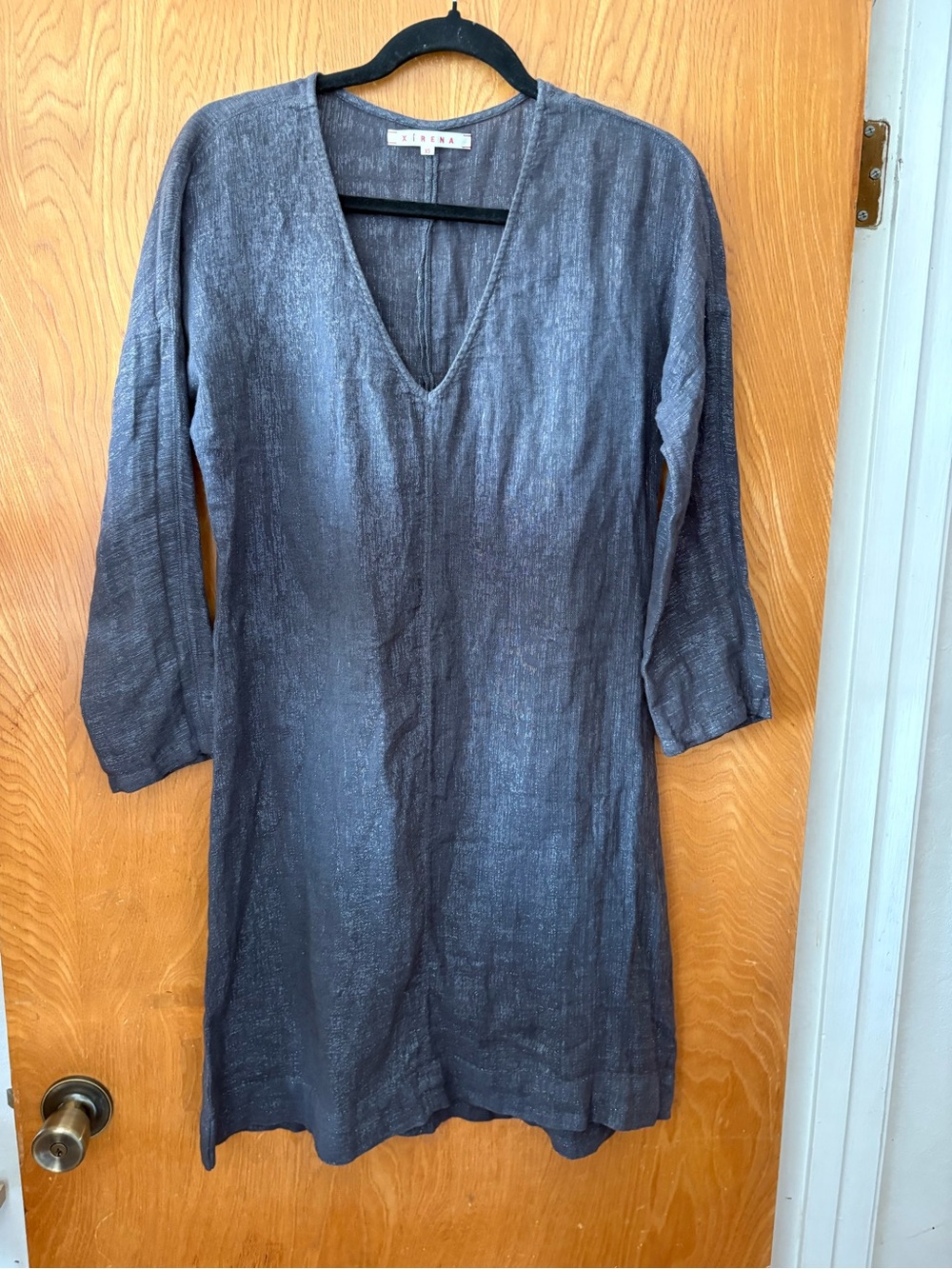 XiRENA Slate Gray lurex sparkle vneck  Linen mini dress XS